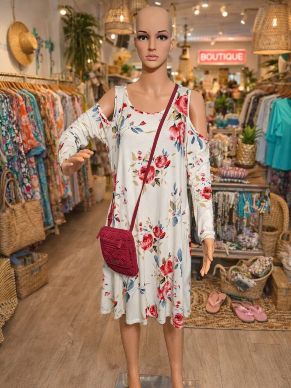 Long Sleeve, Cold Shoulder Floral Dress - XL